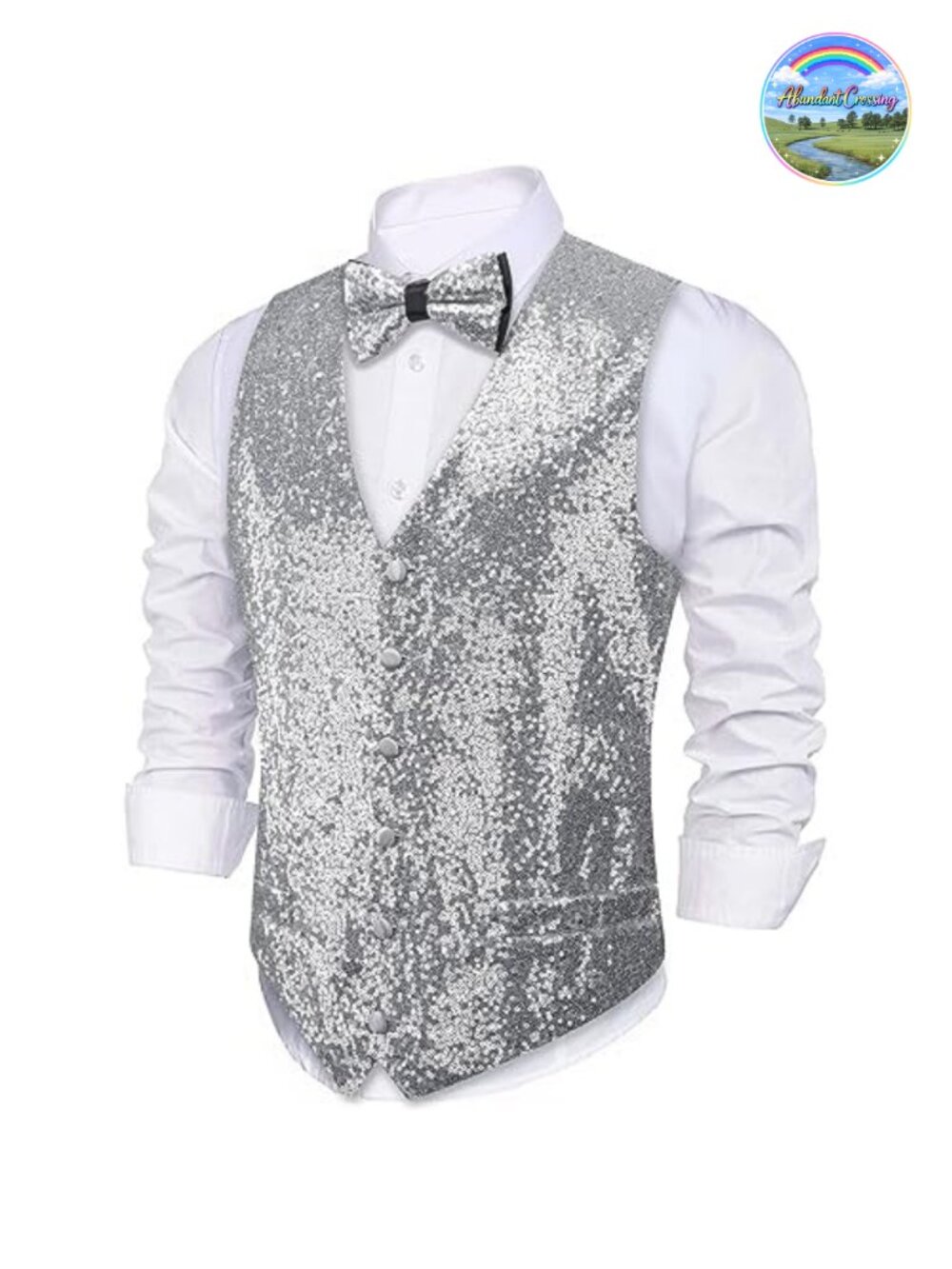 Mens Sequin Vest Bowtie Set 70s Prom Disco Shiny Sleeveless V-Neck Waistcoat
